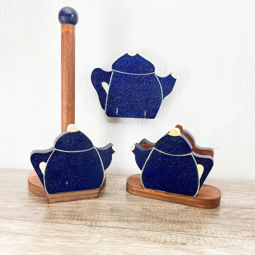 Blue Teapot Kitchen Decor Set:‎ Paper Towel & Napkin Holder, Oven Mitt Hook